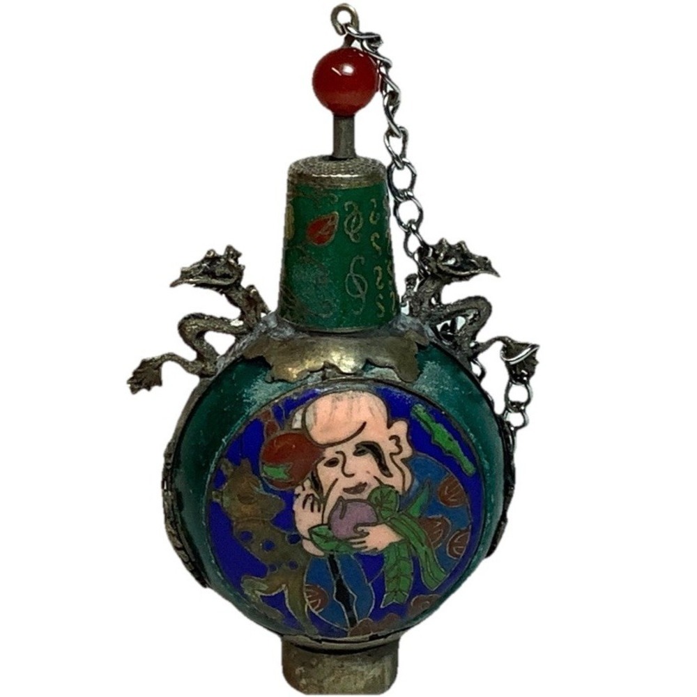 Vintage Nepal ? Copper Snuff Bottle Gemstone Inlaid Chinese Dragons Cloisonne